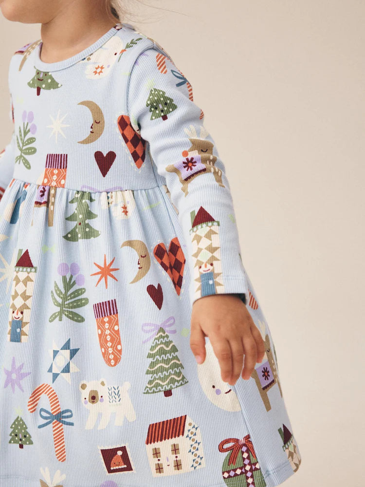 |Girl| Vestido Canelado de Natal Azul de Manga Longa (3 meses a 7 anos)