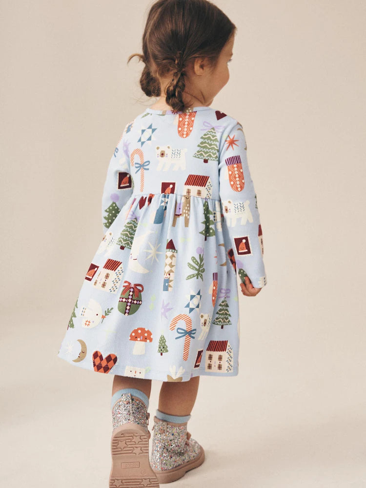 |Girl| Vestido Canelado de Natal Azul de Manga Longa (3 meses a 7 anos)