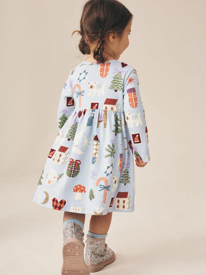 |Girl| Vestido Canelado de Natal Azul de Manga Longa (3 meses a 7 anos)