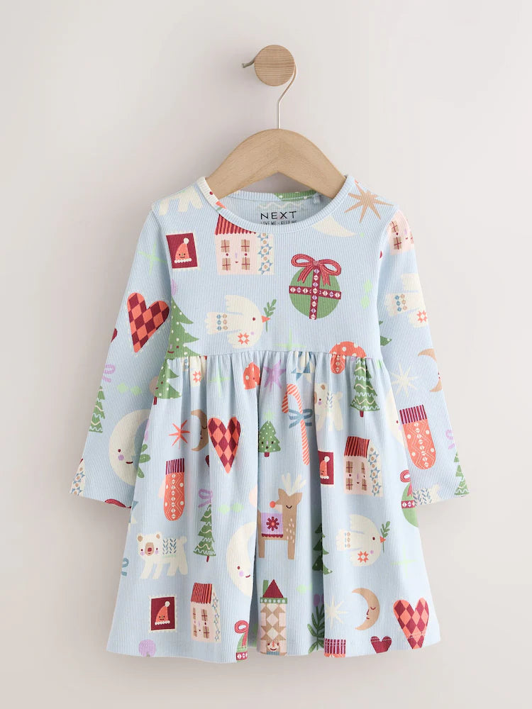|Girl| Vestido Canelado de Natal Azul de Manga Longa (3 meses a 7 anos)