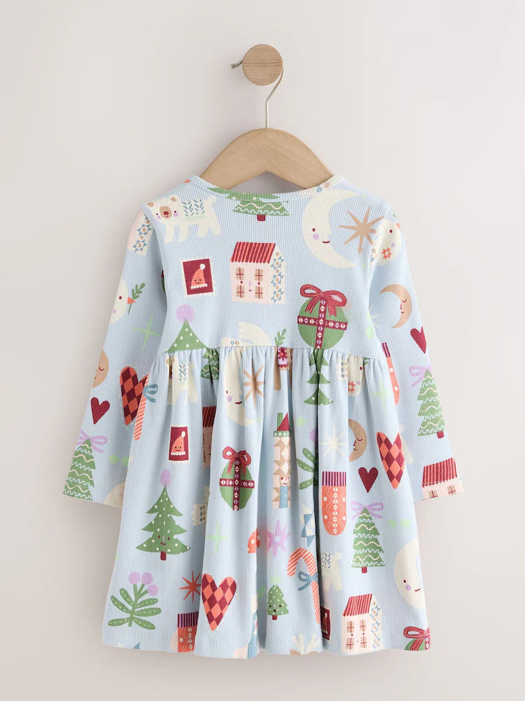 |Girl| Vestido Canelado de Natal Azul de Manga Longa (3 meses a 7 anos)