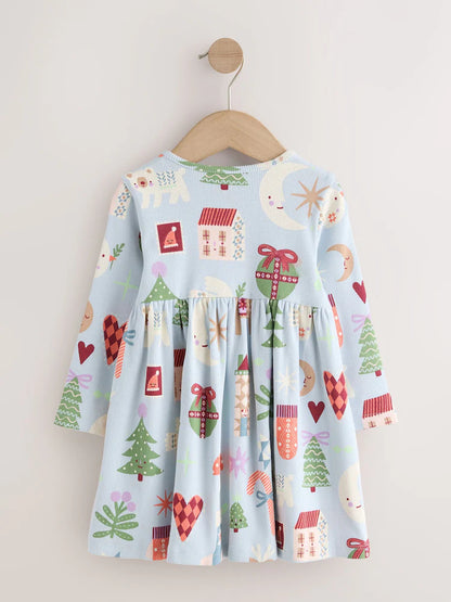 |Girl| Vestido Canelado de Natal Azul de Manga Longa (3 meses a 7 anos)