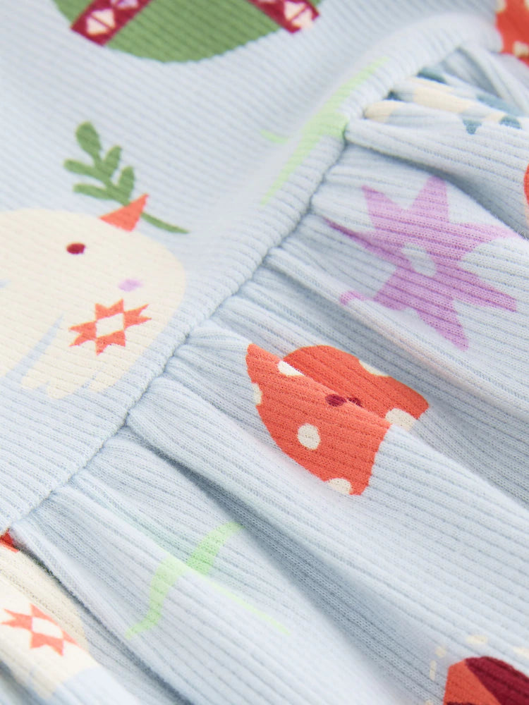 |Girl| Vestido Canelado de Natal Azul de Manga Longa (3 meses a 7 anos)