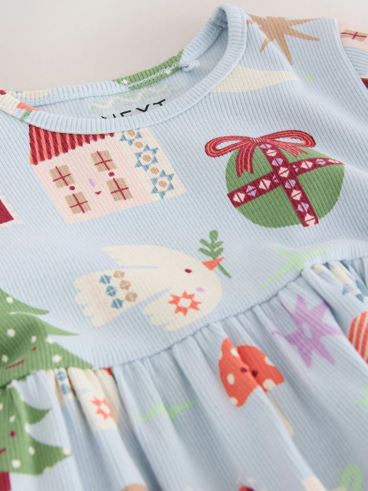 |Girl| Vestido Canelado de Natal Azul de Manga Longa (3 meses a 7 anos)