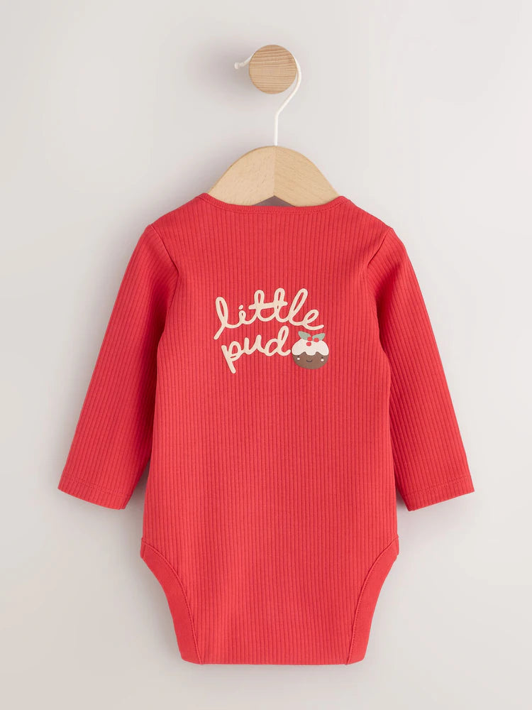 |BabyGirl| Body de Bebê Manga Longa "Little Pud" Vermelho com Tema de Natal