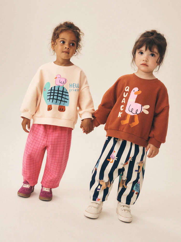 |Girl| Conjunto De 2 Peças: Moletom Com Estampa De Pato e Calça Modelo "Barrel" (Rosa/Cru) – (3 meses a 7 anos)