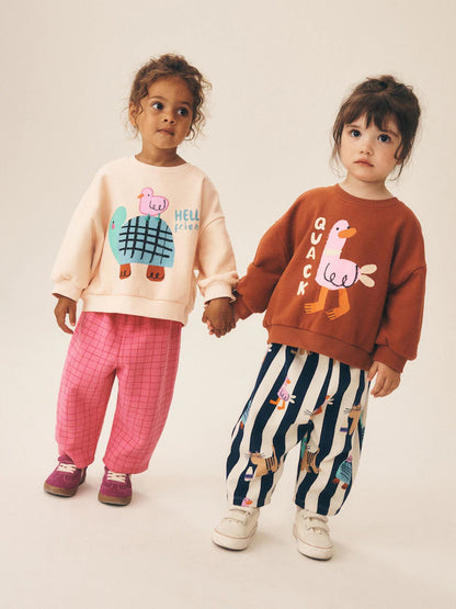 |Girl| Conjunto De 2 Peças: Moletom Com Estampa De Pato e Calça Modelo "Barrel" (Rosa/Cru) – (3 meses a 7 anos)