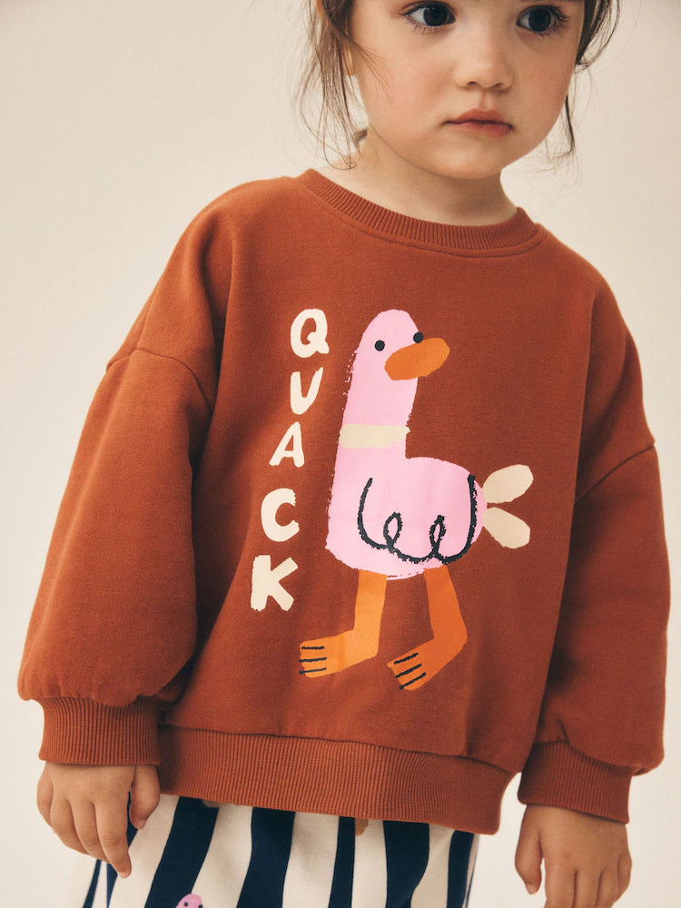 |Girl| Conjunto De 2 Peças: Moletom Com Estampa De Pato e Calça Modelo "Barrel" (Rosa/Cru) – (3 meses a 7 anos)