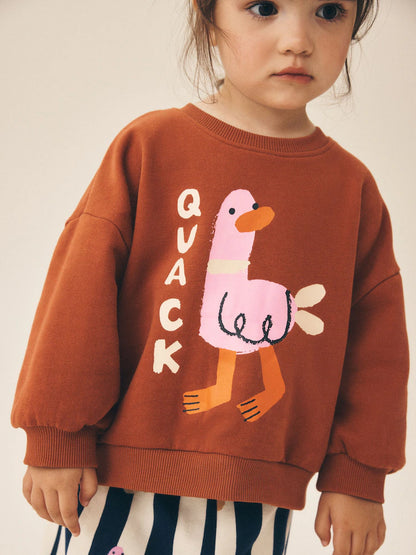 |Girl| Conjunto De 2 Peças: Moletom Com Estampa De Pato e Calça Modelo "Barrel" (Rosa/Cru) – (3 meses a 7 anos)