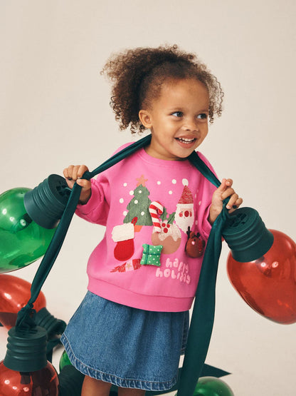 |Girl| Moletom de Natal Rosa-Choque com Gola Careca (3 meses a 7 anos)