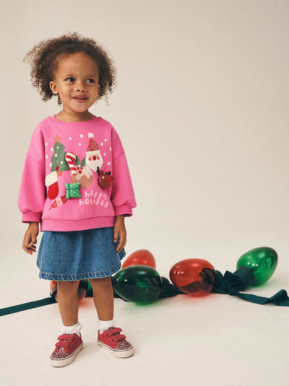 |Girl| Moletom de Natal Rosa-Choque com Gola Careca (3 meses a 7 anos)