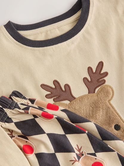 |Boy| Pijama De Natal Bege Com Estampa Do Rudolph (9 meses a 12 anos)