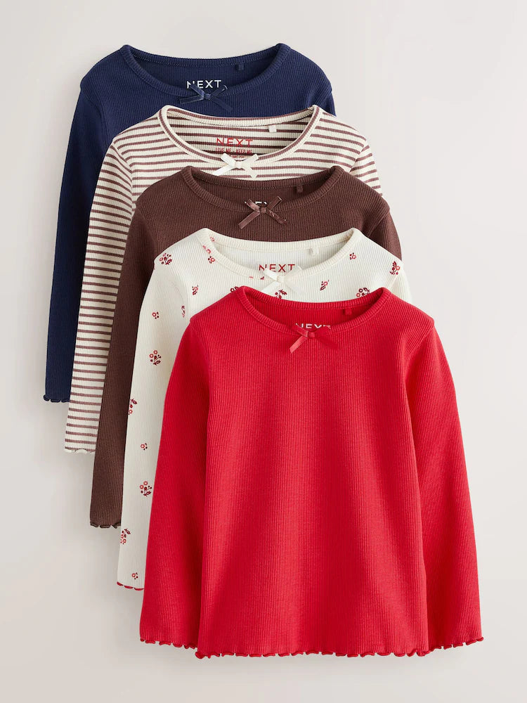 |Girl| Kit com 5 Blusas Caneladas de Manga Longa (Vermelho/Marrom/Azul-Marinho) – Tamanhos de 3 meses a 7 anos
