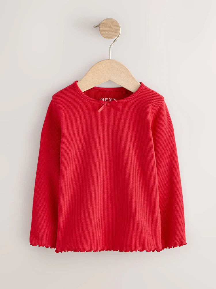 |Girl| Kit com 5 Blusas Caneladas de Manga Longa (Vermelho/Marrom/Azul-Marinho) – Tamanhos de 3 meses a 7 anos