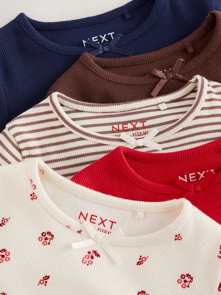 |Girl| Kit com 5 Blusas Caneladas de Manga Longa (Vermelho/Marrom/Azul-Marinho) – Tamanhos de 3 meses a 7 anos