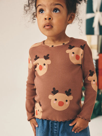 |Girl| Blusa Canelada de Manga Longa Marrom com Estampa de Rena (3 meses a 7 anos)