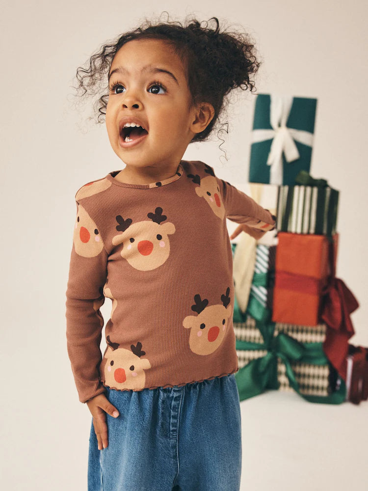 |Girl| Blusa Canelada de Manga Longa Marrom com Estampa de Rena (3 meses a 7 anos)