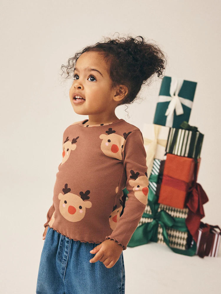 |Girl| Blusa Canelada de Manga Longa Marrom com Estampa de Rena (3 meses a 7 anos)