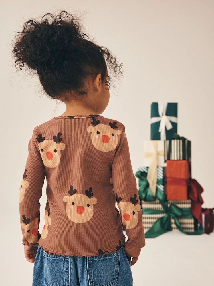 |Girl| Blusa Canelada de Manga Longa Marrom com Estampa de Rena (3 meses a 7 anos)