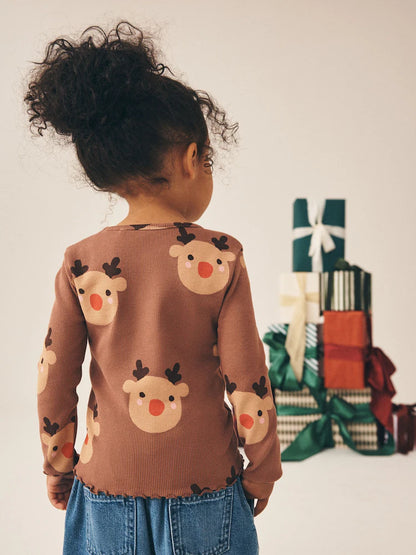 |Girl| Blusa Canelada de Manga Longa Marrom com Estampa de Rena (3 meses a 7 anos)