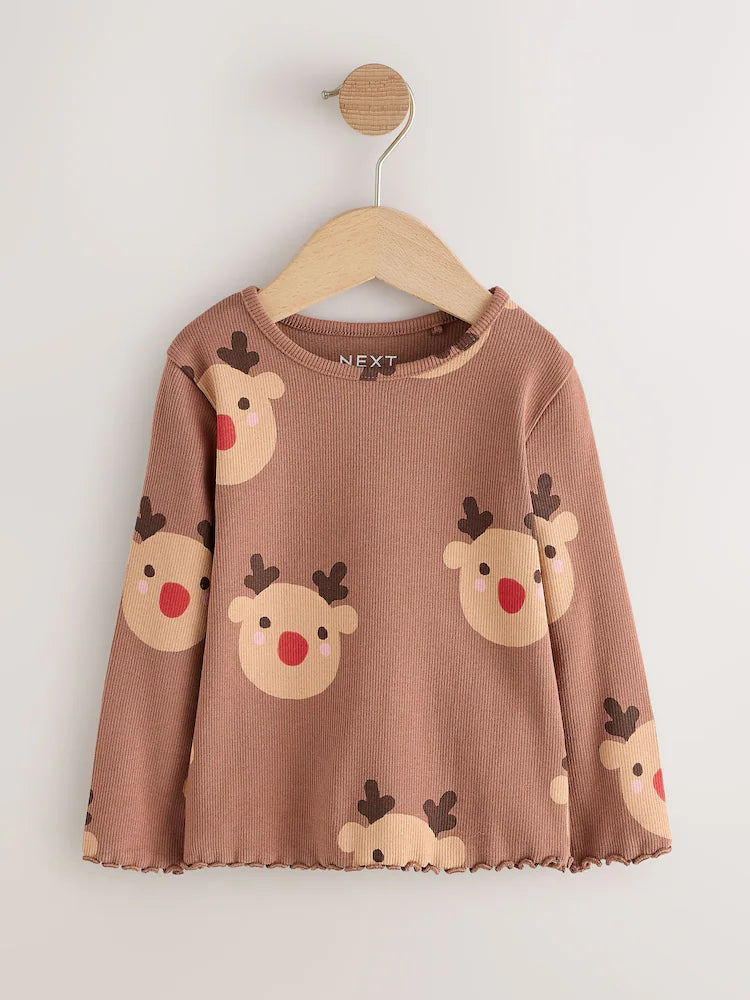|Girl| Blusa Canelada de Manga Longa Marrom com Estampa de Rena (3 meses a 7 anos)