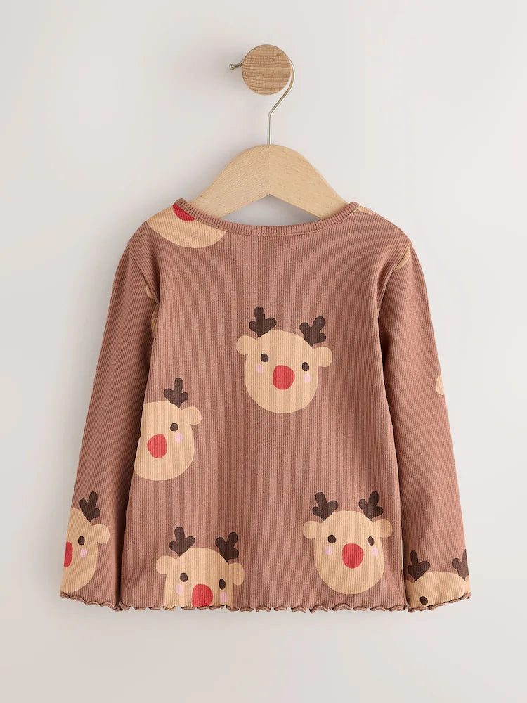 |Girl| Blusa Canelada de Manga Longa Marrom com Estampa de Rena (3 meses a 7 anos)