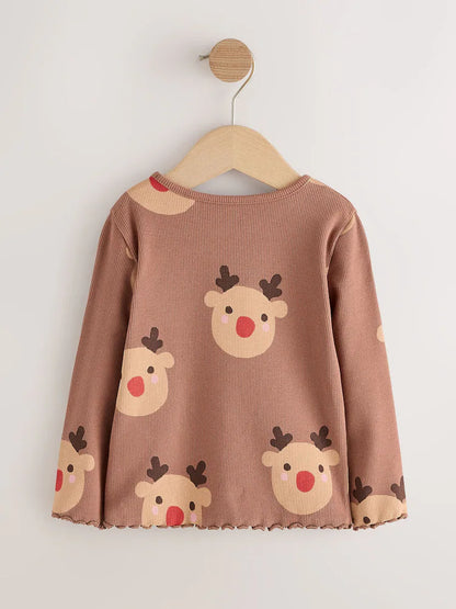 |Girl| Blusa Canelada de Manga Longa Marrom com Estampa de Rena (3 meses a 7 anos)