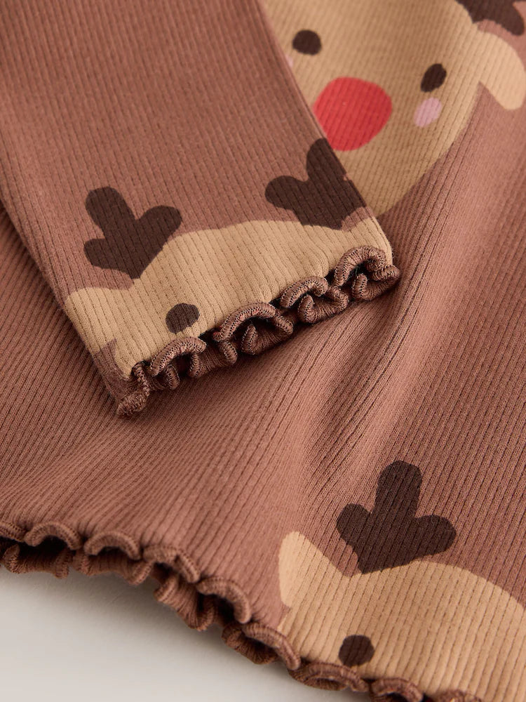 |Girl| Blusa Canelada de Manga Longa Marrom com Estampa de Rena (3 meses a 7 anos)