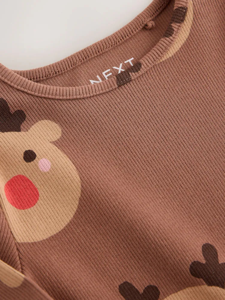 |Girl| Blusa Canelada de Manga Longa Marrom com Estampa de Rena (3 meses a 7 anos)