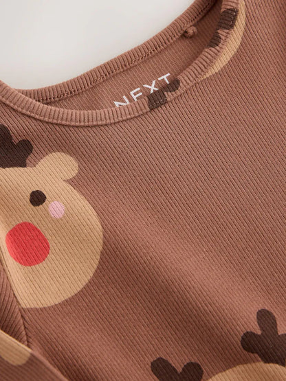 |Girl| Blusa Canelada de Manga Longa Marrom com Estampa de Rena (3 meses a 7 anos)