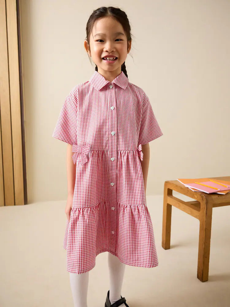 |BigGirl| Vestido Escolar Utilitário Xadrez Vermelho Com Laço, Rico Em Algodão (3-14 anos)
