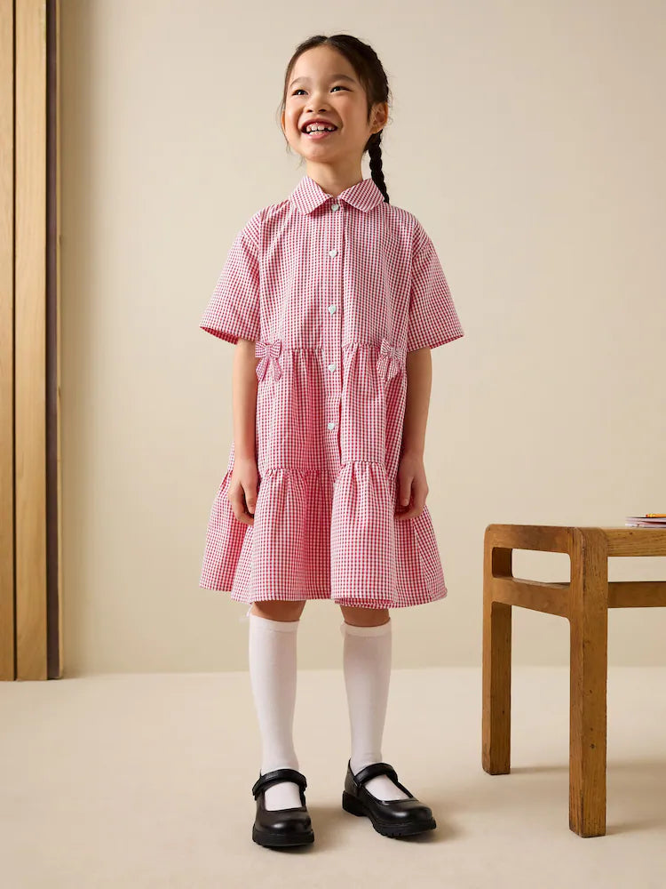 |BigGirl| Vestido Escolar Utilitário Xadrez Vermelho Com Laço, Rico Em Algodão (3-14 anos)