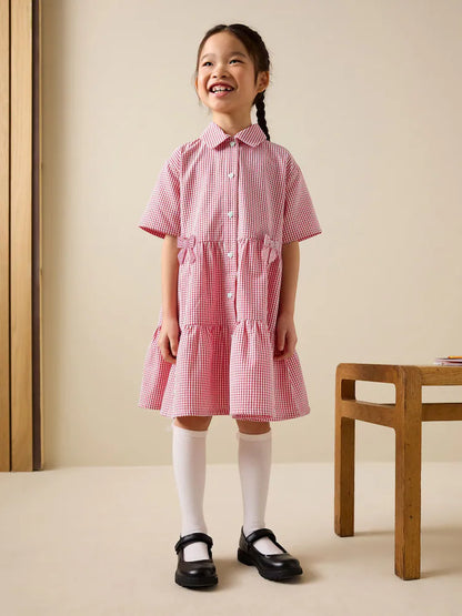 |BigGirl| Vestido Escolar Utilitário Xadrez Vermelho Com Laço, Rico Em Algodão (3-14 anos)