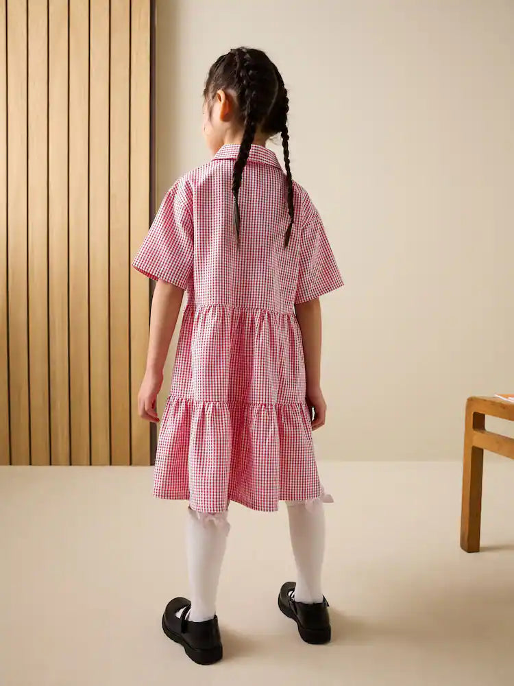 |BigGirl| Vestido Escolar Utilitário Xadrez Vermelho Com Laço, Rico Em Algodão (3-14 anos)