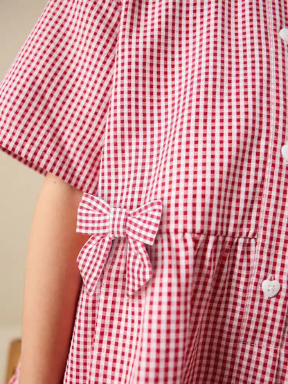 |BigGirl| Vestido Escolar Utilitário Xadrez Vermelho Com Laço, Rico Em Algodão (3-14 anos)