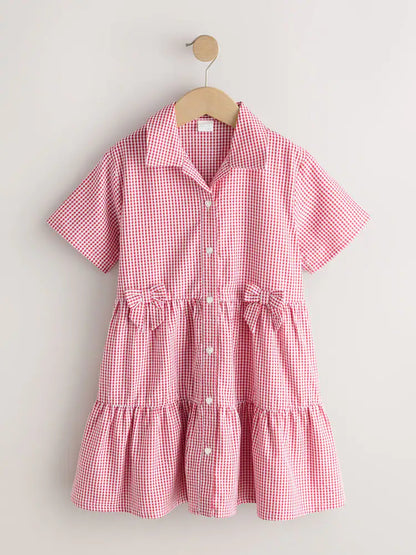 |BigGirl| Vestido Escolar Utilitário Xadrez Vermelho Com Laço, Rico Em Algodão (3-14 anos)