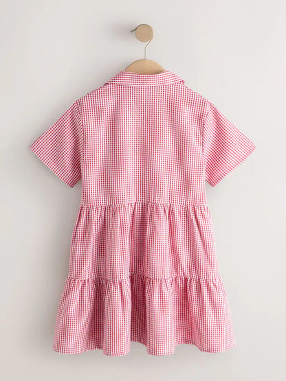 |BigGirl| Vestido Escolar Utilitário Xadrez Vermelho Com Laço, Rico Em Algodão (3-14 anos)