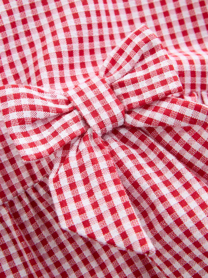 |BigGirl| Vestido Escolar Utilitário Xadrez Vermelho Com Laço, Rico Em Algodão (3-14 anos)