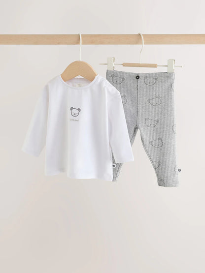 |BabyBoy| Conjunto de Blusa e Legging para Bebê com Estampa Delicada de Urso – Branco/Cinza (0 meses a 2 anos)