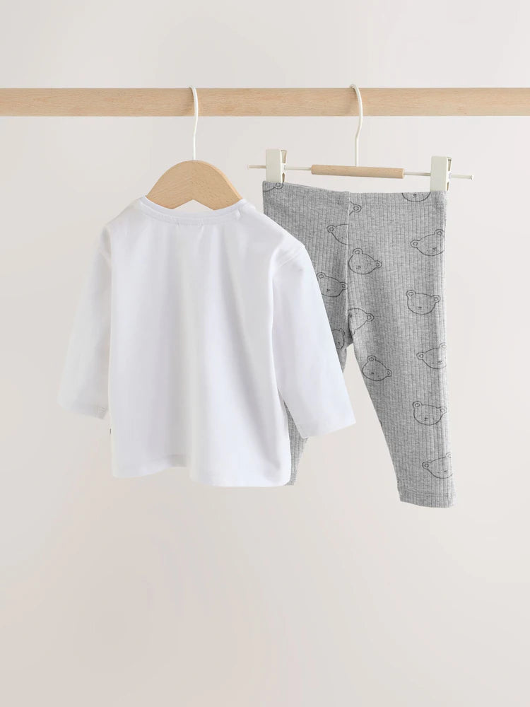 |BabyBoy| Conjunto de Blusa e Legging para Bebê com Estampa Delicada de Urso – Branco/Cinza (0 meses a 2 anos)