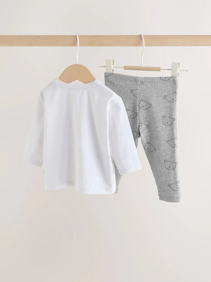 |BabyBoy| Conjunto de Blusa e Legging para Bebê com Estampa Delicada de Urso – Branco/Cinza (0 meses a 2 anos)