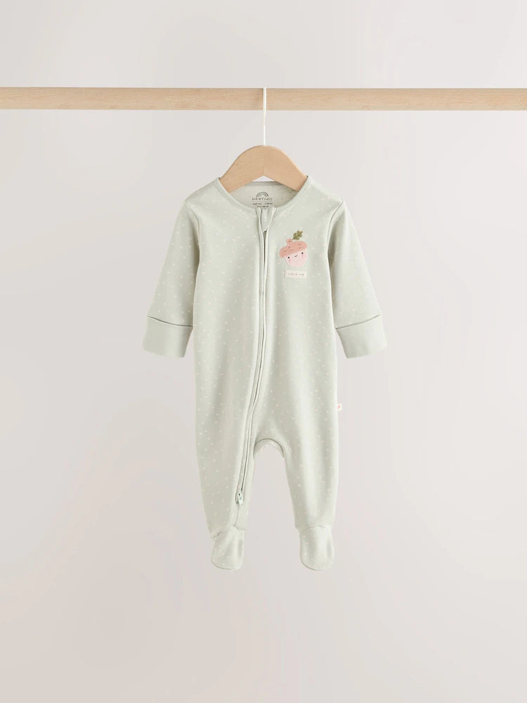 |BabyGirl| Kit com 3 Macacões de Bebê Verde-Sálvia com Estampa de Bolotas e Zíper Bidirecional (0 a 3 anos)