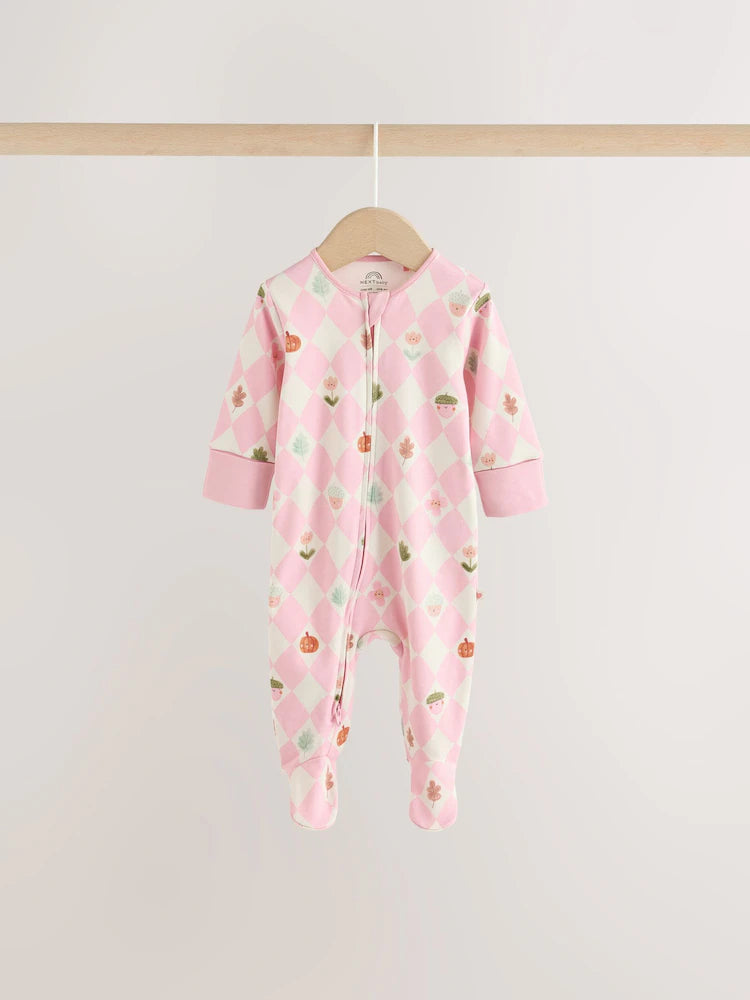 |BabyGirl| Kit com 3 Macacões de Bebê Verde-Sálvia com Estampa de Bolotas e Zíper Bidirecional (0 a 3 anos)