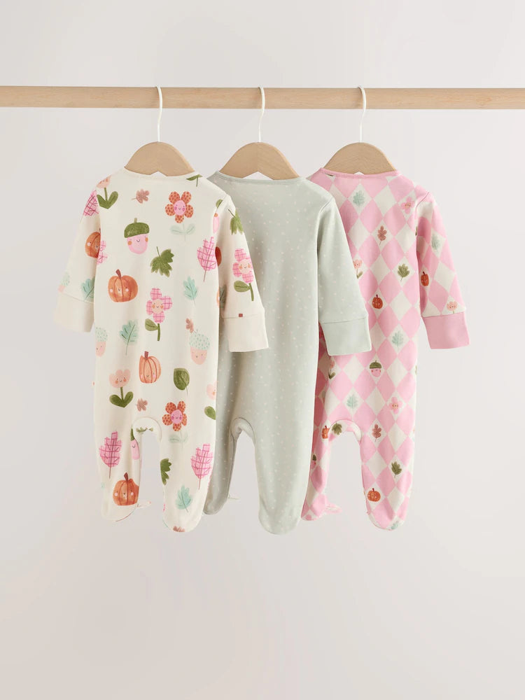 |BabyGirl| Kit com 3 Macacões de Bebê Verde-Sálvia com Estampa de Bolotas e Zíper Bidirecional (0 a 3 anos)