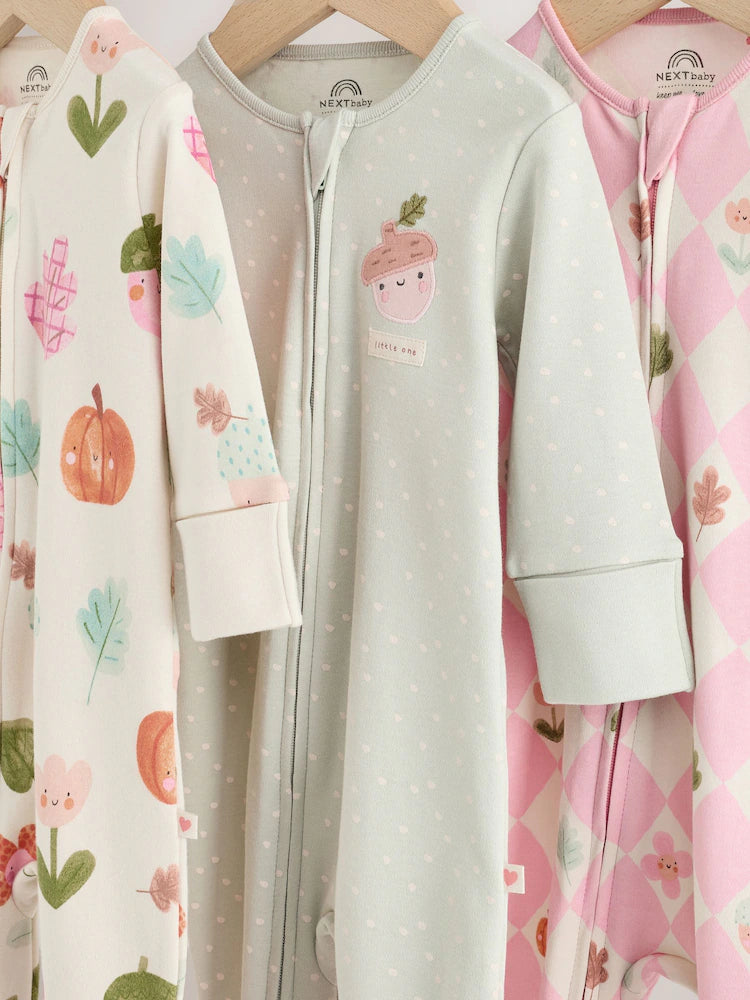 |BabyGirl| Kit com 3 Macacões de Bebê Verde-Sálvia com Estampa de Bolotas e Zíper Bidirecional (0 a 3 anos)