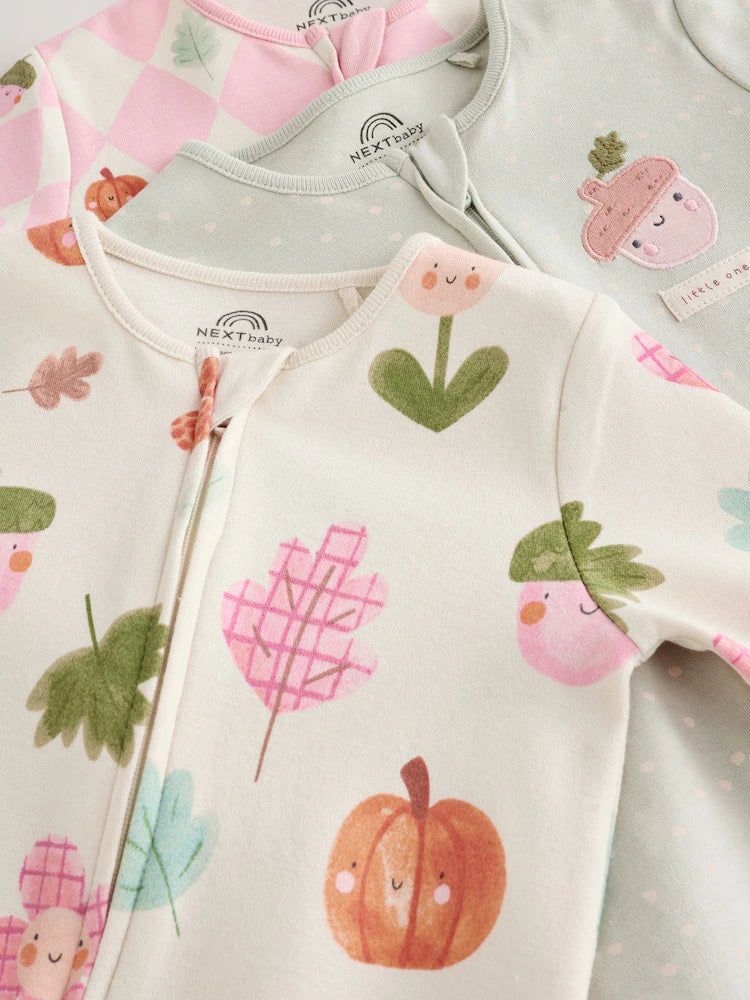 |BabyGirl| Kit com 3 Macacões de Bebê Verde-Sálvia com Estampa de Bolotas e Zíper Bidirecional (0 a 3 anos)