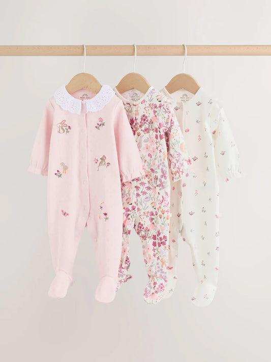 |BabyGirl| Kit com 3 Macacões de Bebê com Estampa Floral e de Coelhinho (Rosa) (0 meses a 2 anos)