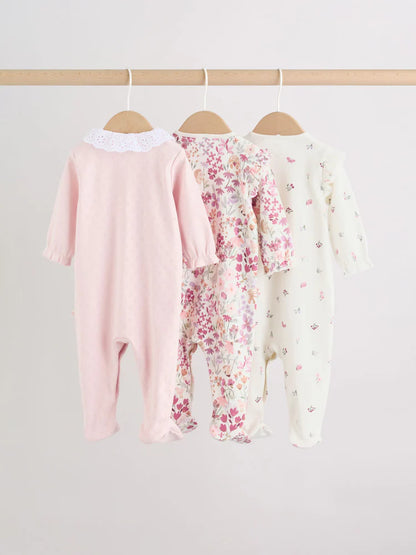 |BabyGirl| Kit com 3 Macacões de Bebê com Estampa Floral e de Coelhinho (Rosa) (0 meses a 2 anos)