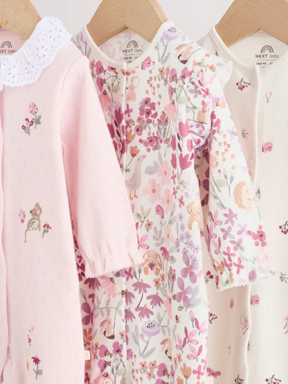 |BabyGirl| Kit com 3 Macacões de Bebê com Estampa Floral e de Coelhinho (Rosa) (0 meses a 2 anos)
