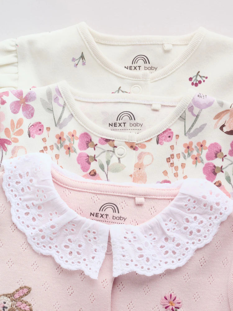 |BabyGirl| Kit com 3 Macacões de Bebê com Estampa Floral e de Coelhinho (Rosa) (0 meses a 2 anos)